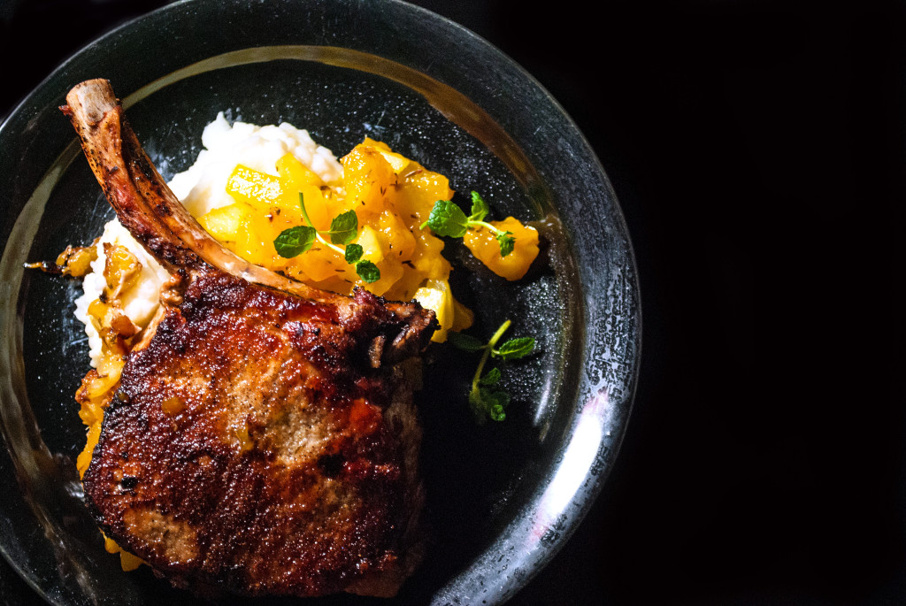 French Pork Chops with Mango Chutney and Garlic Mashed Potatoes