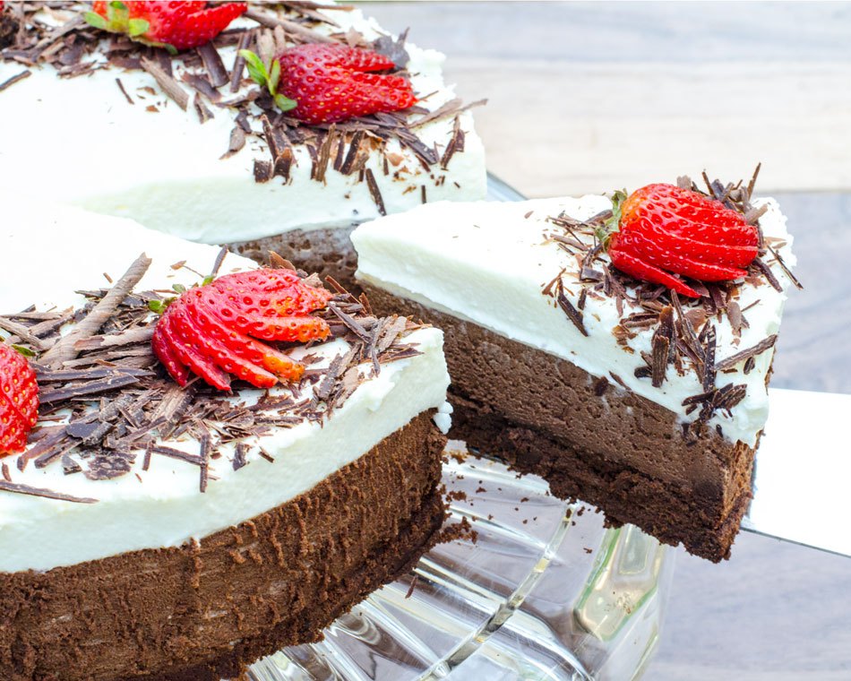 Chocolate mousse cake with strawberries.